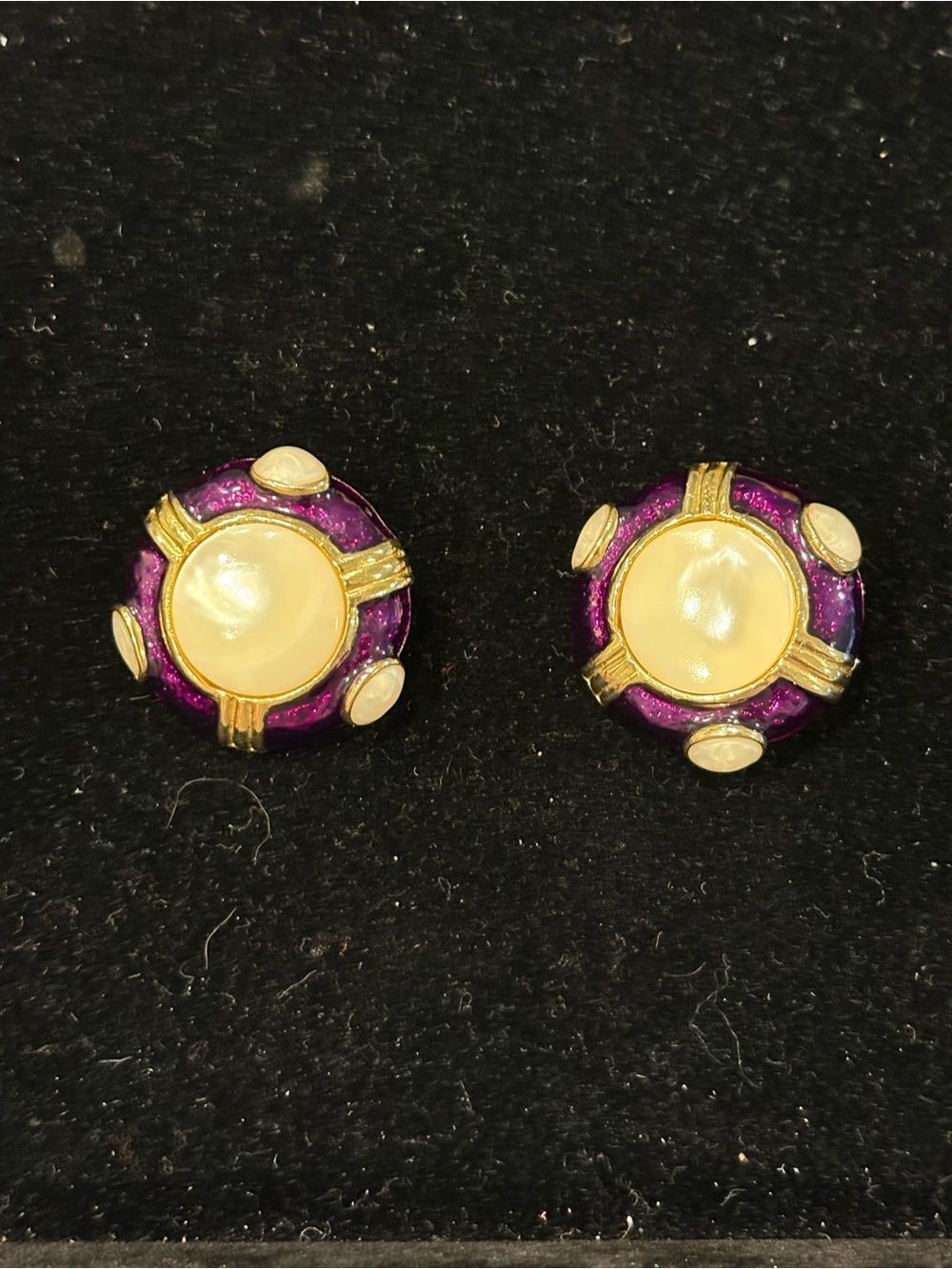 Two Sisters Vintage Purple Enamel MOP Statement Stud Clip-On Earrings